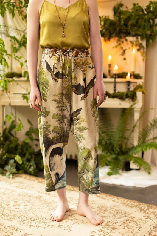 Theatre of Dreams Boho Linen Cropped Artist Pants with Swan-Pants-Market of Stars-length 86cm/34" waist (stretched) 104cm/41" around waist (unstretched) 84cm/32" hips 117cm/46".-Urbanheer