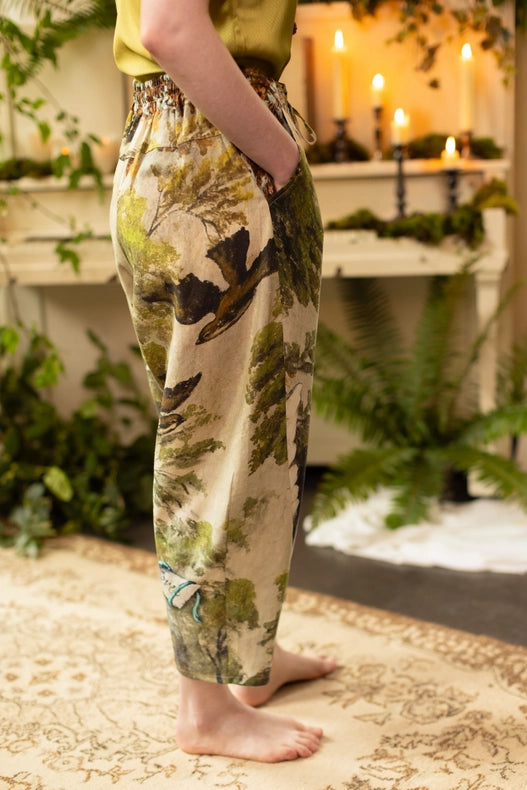 Theatre of Dreams Boho Linen Cropped Artist Pants with Swan-Pants-Market of Stars-length 86cm/34" waist (stretched) 104cm/41" around waist (unstretched) 84cm/32" hips 117cm/46".-Urbanheer