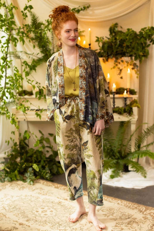 Theatre of Dreams Boho Linen Cropped Artist Pants with Swan-Pants-Market of Stars-length 86cm/34" waist (stretched) 104cm/41" around waist (unstretched) 84cm/32" hips 117cm/46".-Urbanheer