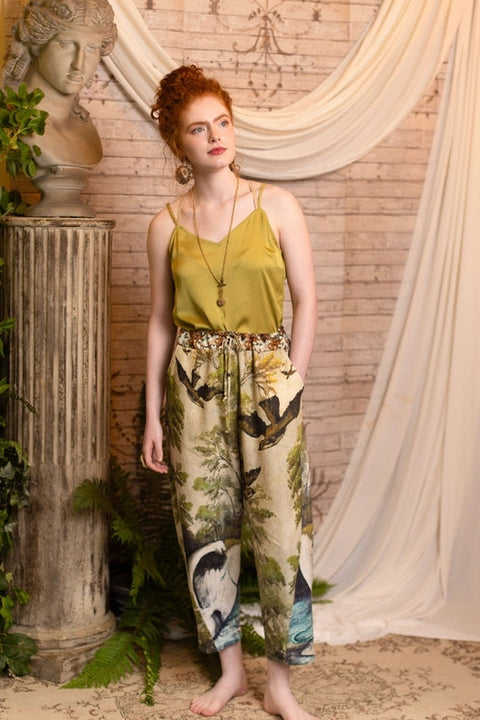 Theatre of Dreams Boho Linen Cropped Artist Pants with Swan-Pants-Market of Stars-length 86cm/34" waist (stretched) 104cm/41" around waist (unstretched) 84cm/32" hips 117cm/46".-Urbanheer