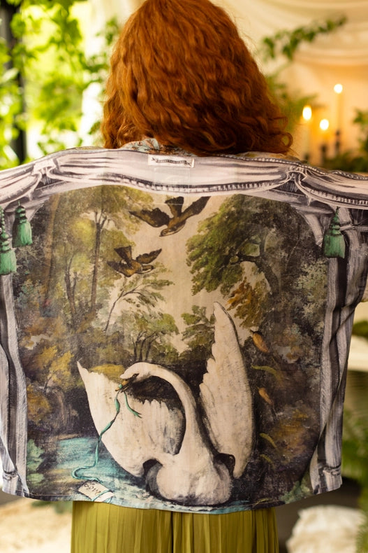 Theatre of Dreams Cropped Bamboo Kimono with Swan-Kimono-Market of Stars-length 60cm width 74 cm-Urbanheer