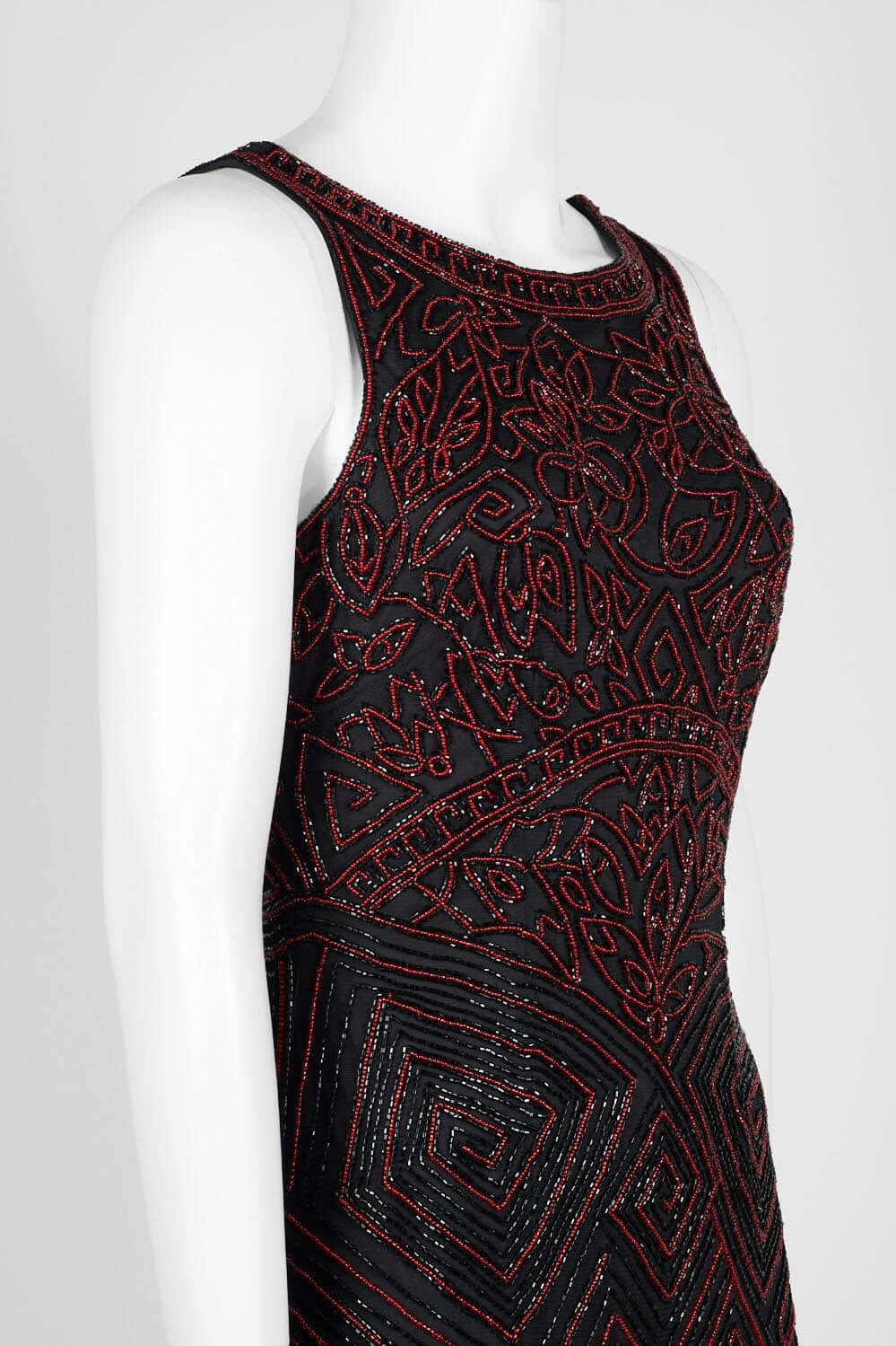 Theia Boat Neck Sleeveless Zipper Back Beaded Mesh Dress-Clothes-Theia-CRIMSON-10-Urbanheer