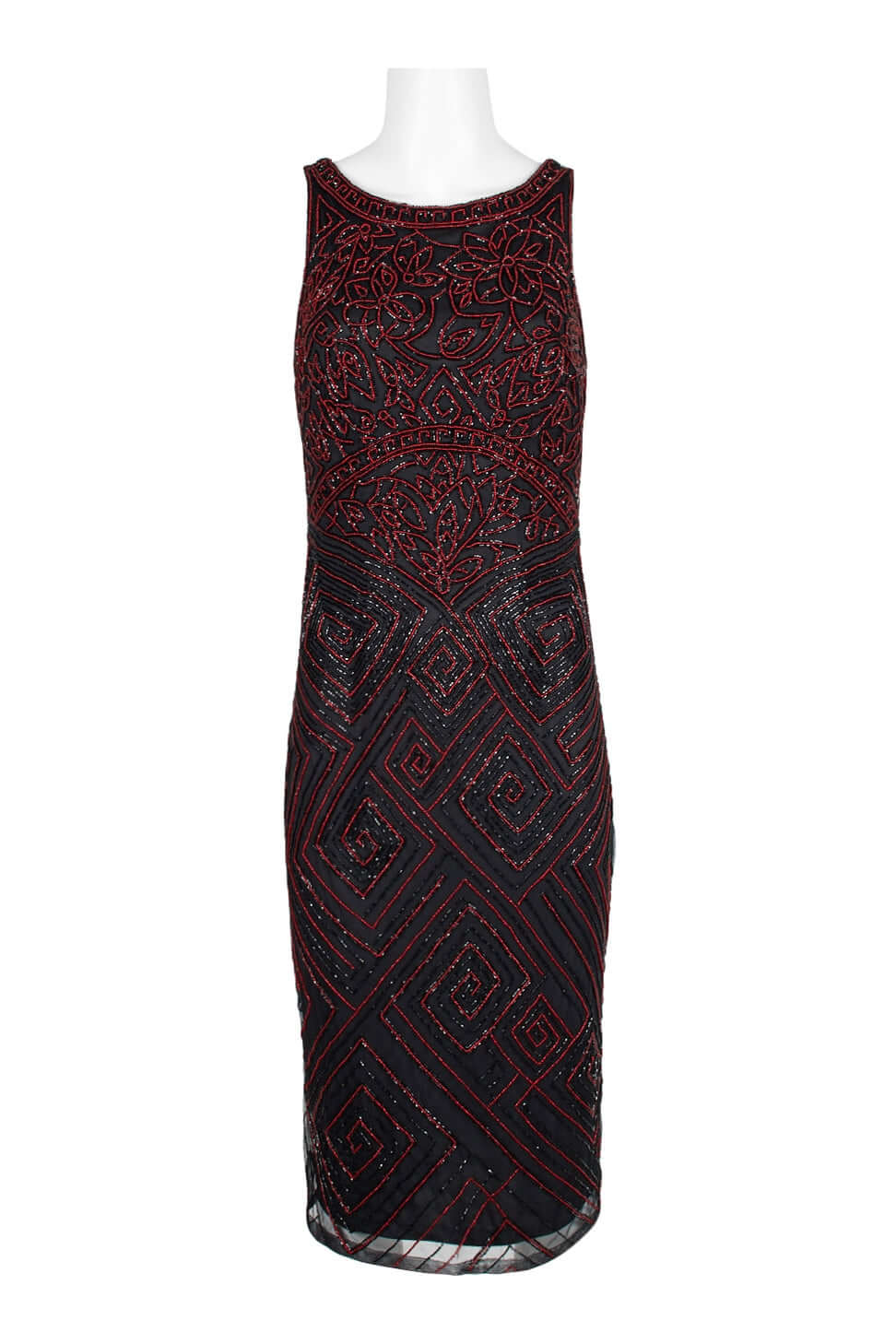 Theia Boat Neck Sleeveless Zipper Back Beaded Mesh Dress-Clothes-Theia-CRIMSON-10-Urbanheer