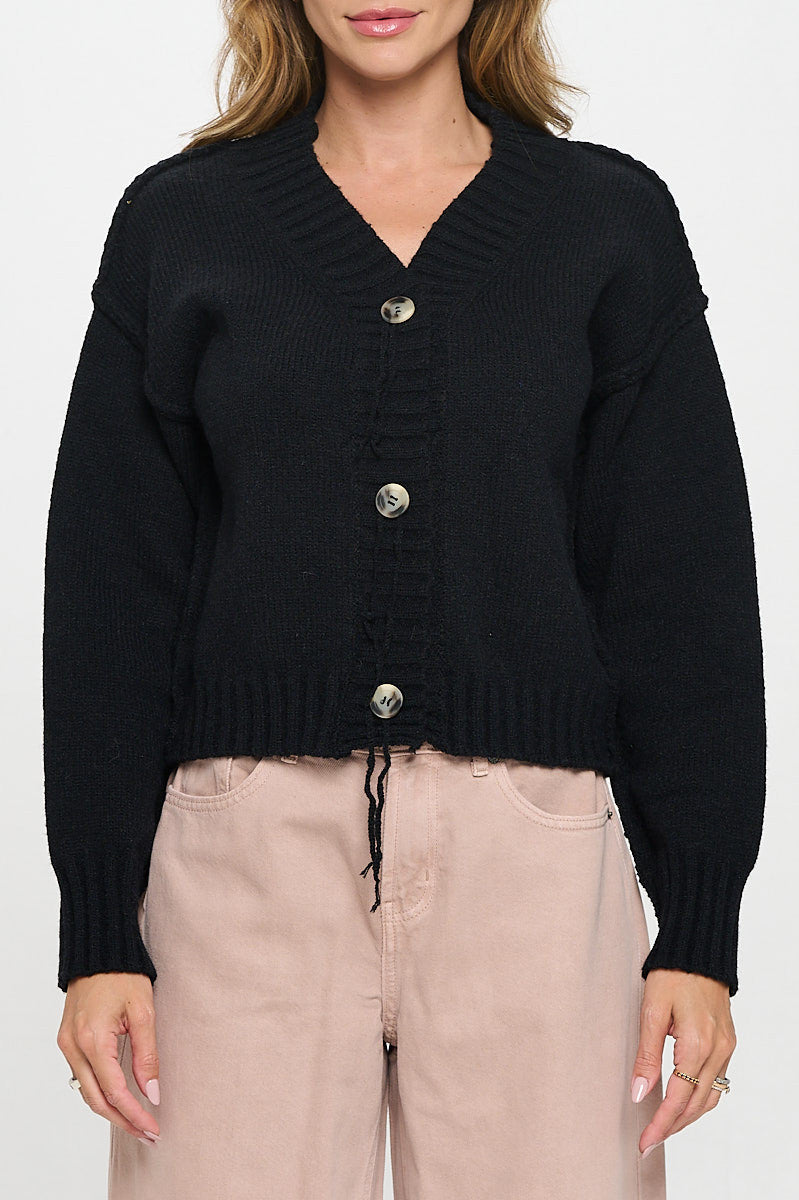 Thick Knit Long Sleeve Cardigan with Buttons-Cardigans-Reneecollection-Small-BLACK-Urbanheer