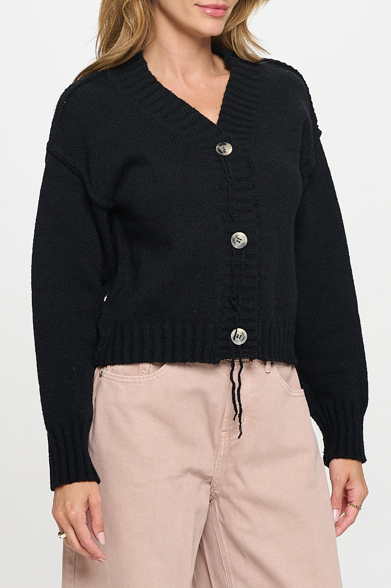 Thick Knit Long Sleeve Cardigan with Buttons-Cardigans-Reneecollection-Small-BLACK-Urbanheer