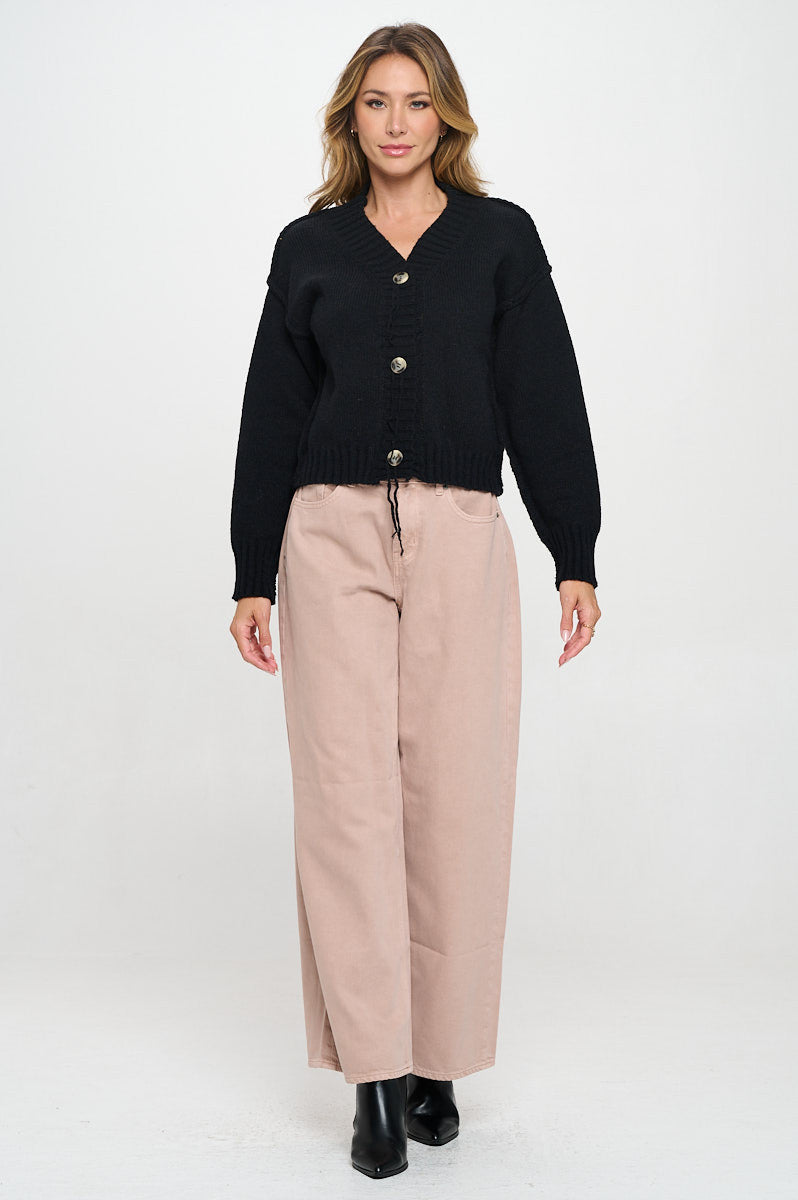 Thick Knit Long Sleeve Cardigan with Buttons-Cardigans-Reneecollection-Small-BLACK-Urbanheer