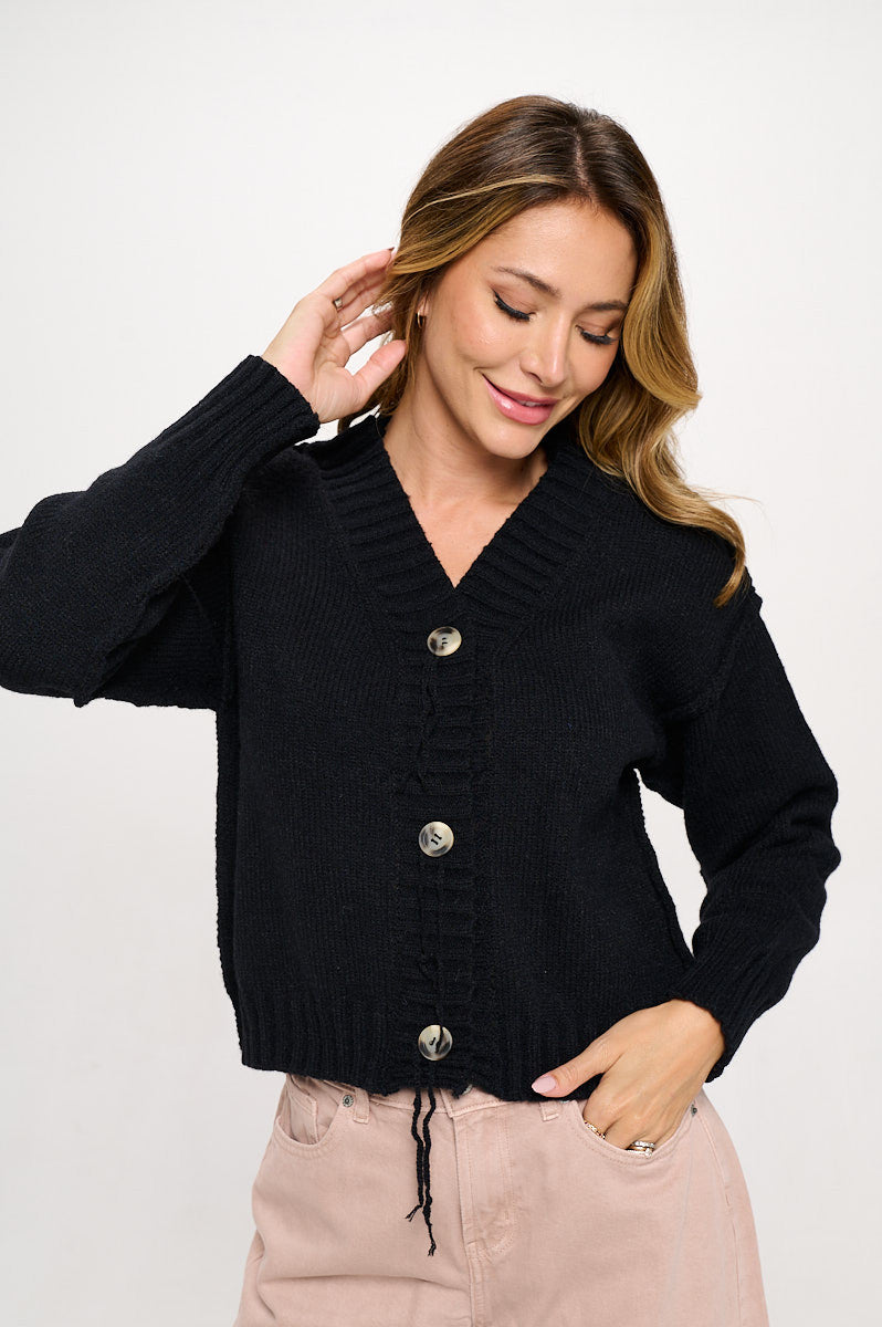 Thick Knit Long Sleeve Cardigan with Buttons-Cardigans-Reneecollection-Small-BLACK-Urbanheer