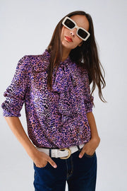 Tie At the Neck Animal Print Purple Blouse-Blouse-Q2-L-Purple-Urbanheer
