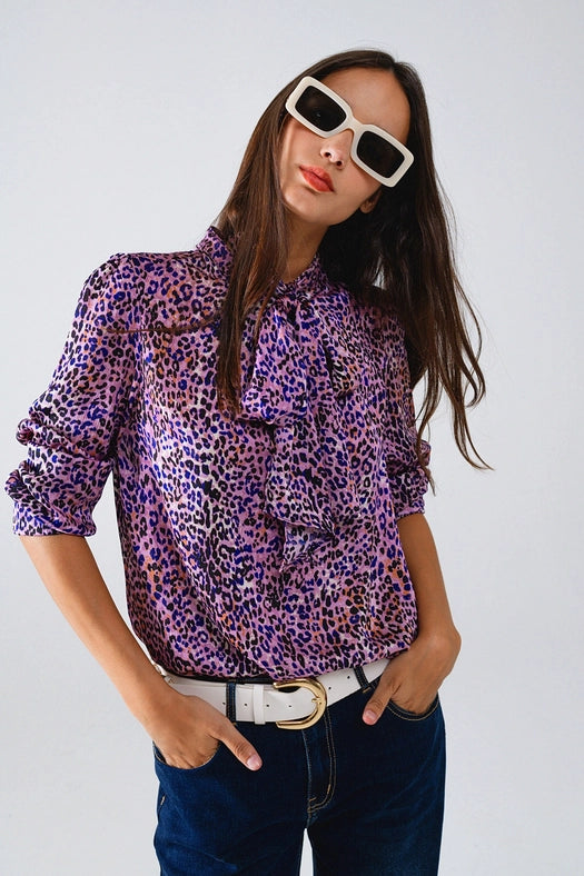 Tie At the Neck Animal Print Purple Blouse-Blouse-Q2-L-Purple-Urbanheer