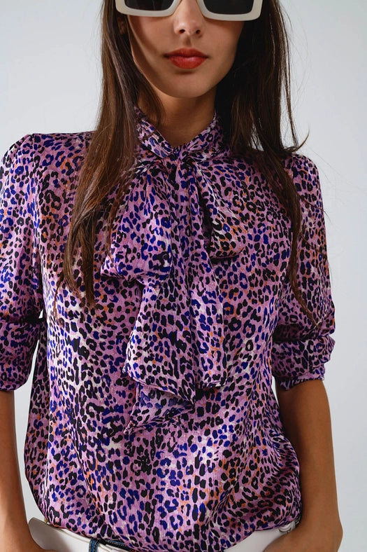 Tie At the Neck Animal Print Purple Blouse-Blouse-Q2-L-Purple-Urbanheer