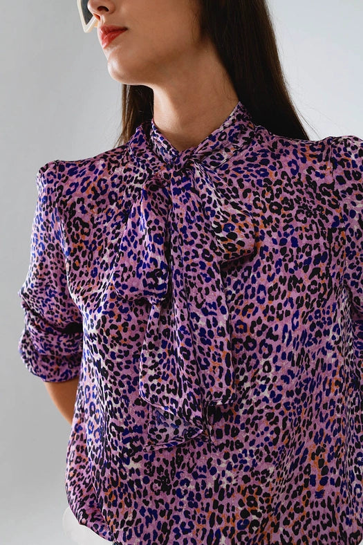 Tie At the Neck Animal Print Purple Blouse-Blouse-Q2-L-Purple-Urbanheer