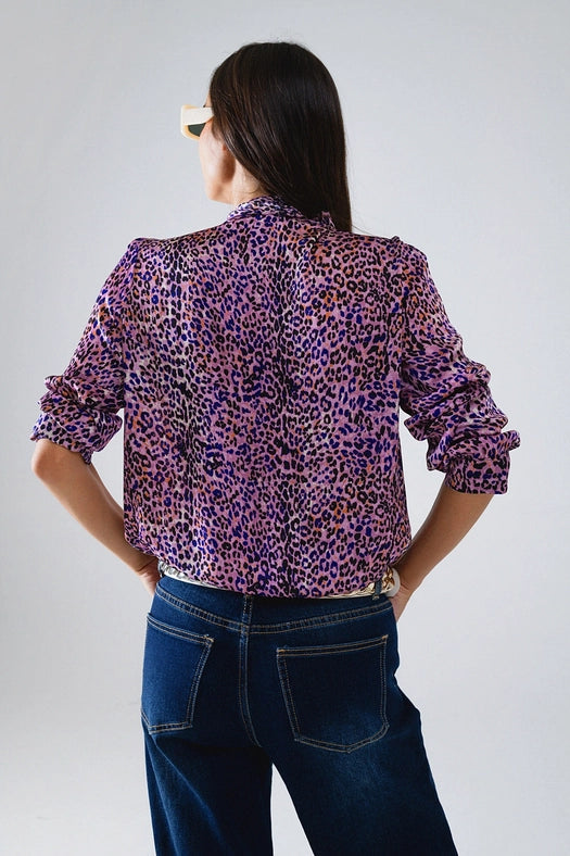 Tie At the Neck Animal Print Purple Blouse-Blouse-Q2-L-Purple-Urbanheer