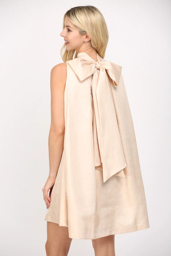 Tie Back Halter Neck Satin A-Line Dress CHAMPAGNE / L Tie Back Halter Neck Satin A-Line Dress CHAMPAGNE / L