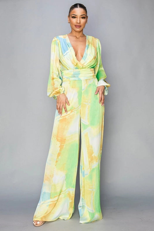 Tie Dye Satin Long Sleeve Jumpsuit-Jumpsuit-Baevely by Wellmade USA-S-Lime-Urbanheer
