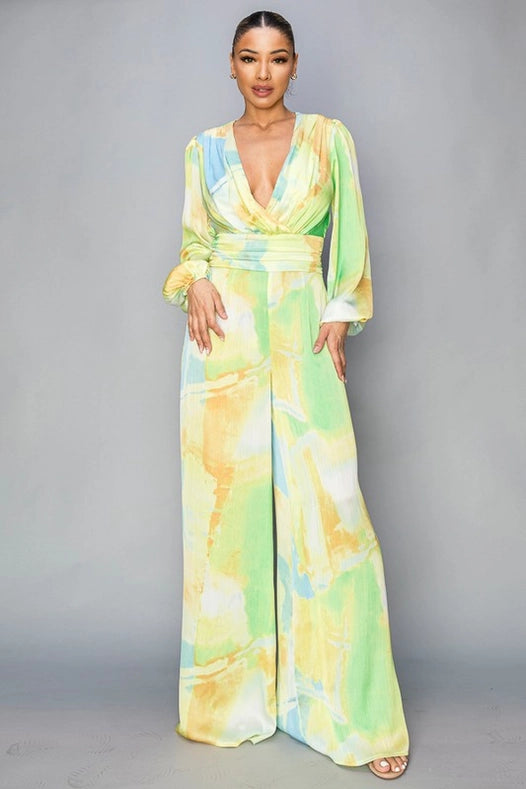 Tie Dye Satin Long Sleeve Jumpsuit-Jumpsuit-Baevely by Wellmade USA-S-Lime-Urbanheer