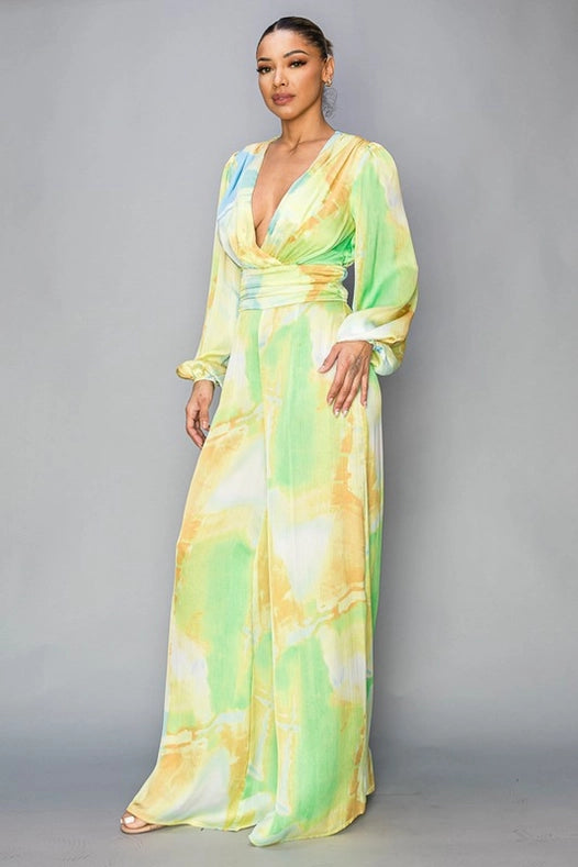 Tie Dye Satin Long Sleeve Jumpsuit-Jumpsuit-Baevely by Wellmade USA-S-Lime-Urbanheer
