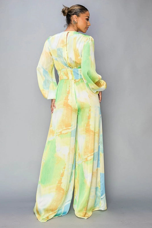Tie Dye Satin Long Sleeve Jumpsuit-Jumpsuit-Baevely by Wellmade USA-S-Lime-Urbanheer