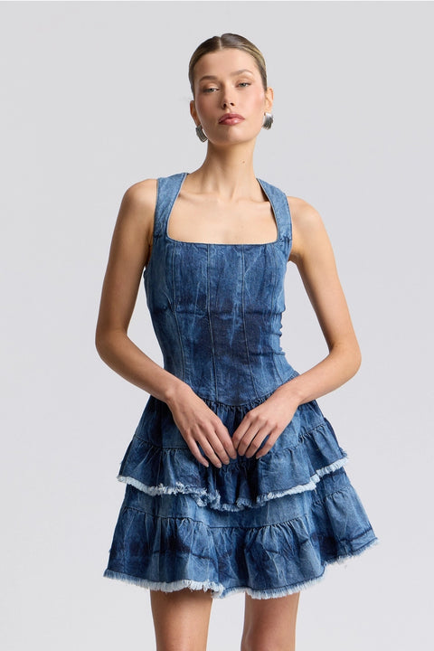 Tie-Dye Stretch Denim Ruffle Mini Dress