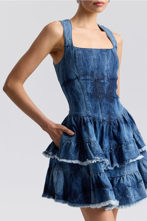 Tie-Dye Stretch Denim Ruffle Mini Dress