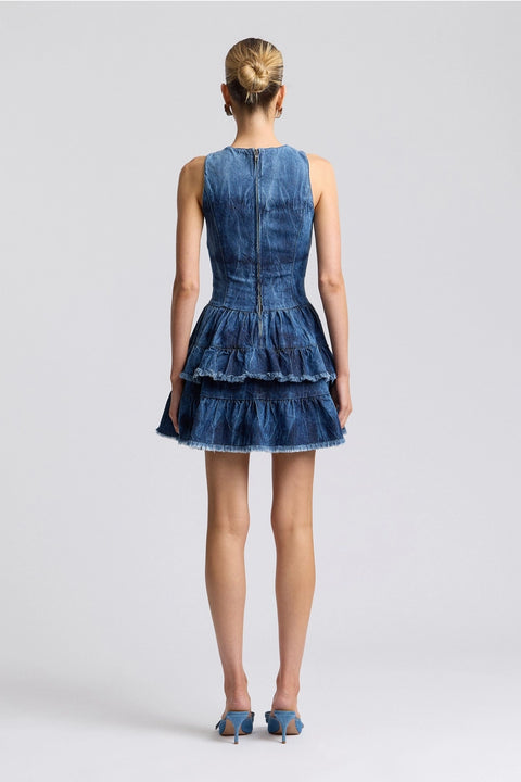 Tie-Dye Stretch Denim Ruffle Mini Dress