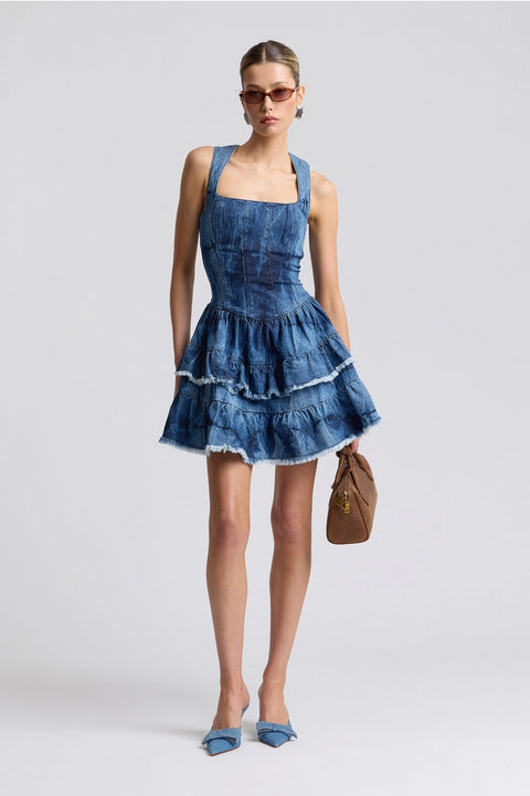Tie-Dye Stretch Denim Ruffle Mini Dress