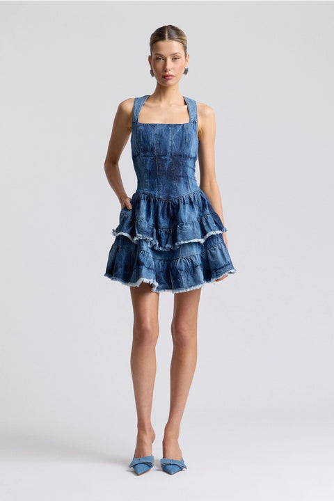 Tie-Dye Stretch Denim Ruffle Mini Dress
