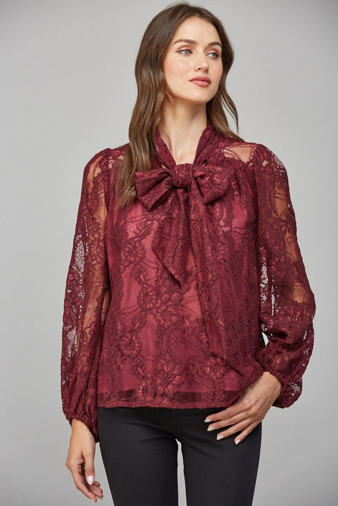 Tie Front Bow Detail Lace Blouse