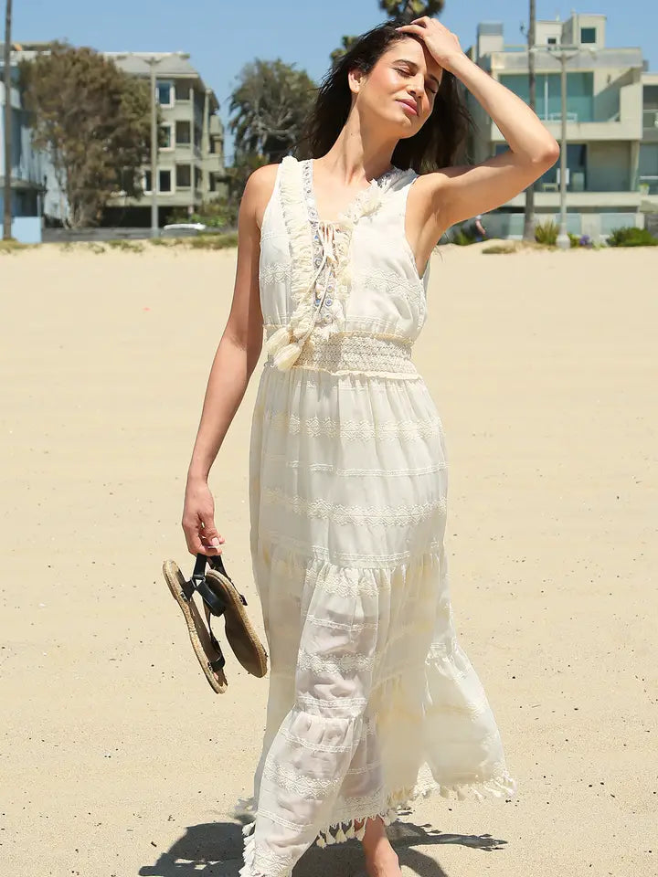 Tiered Embroidery Fringed & Tasseled Maxi Dress-Dress-Beulah Style-S-Beige-Urbanheer