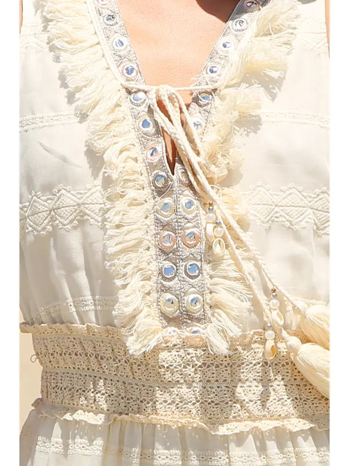 Tiered Embroidery Fringed & Tasseled Maxi Dress-Dress-Beulah Style-S-Beige-Urbanheer