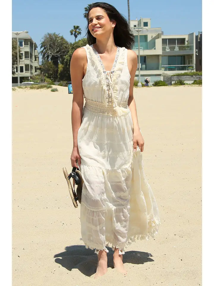 Tiered Embroidery Fringed & Tasseled Maxi Dress-Dress-Beulah Style-S-Beige-Urbanheer