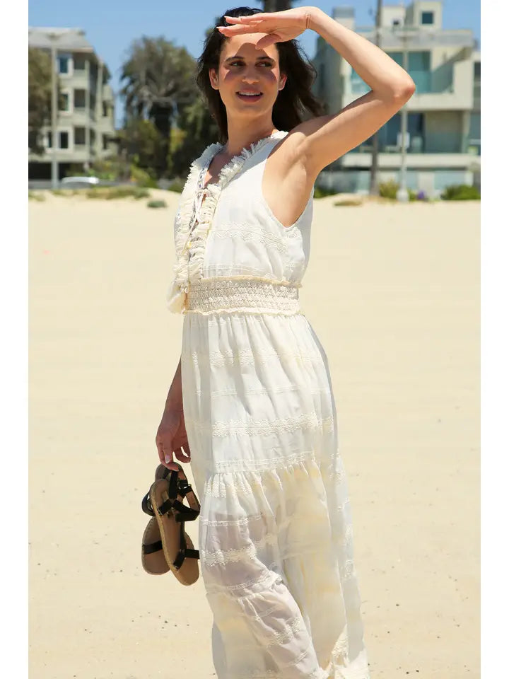 Tiered Embroidery Fringed & Tasseled Maxi Dress-Dress-Beulah Style-S-Beige-Urbanheer