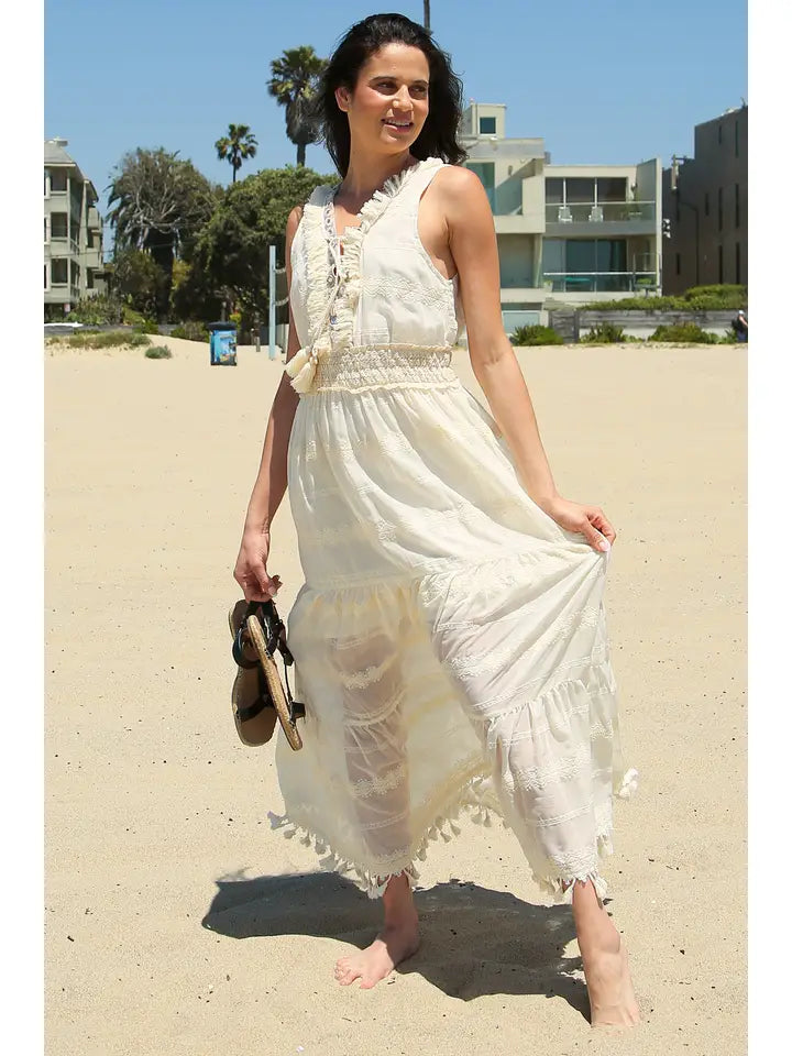 Tiered Embroidery Fringed & Tasseled Maxi Dress-Dress-Beulah Style-S-Beige-Urbanheer