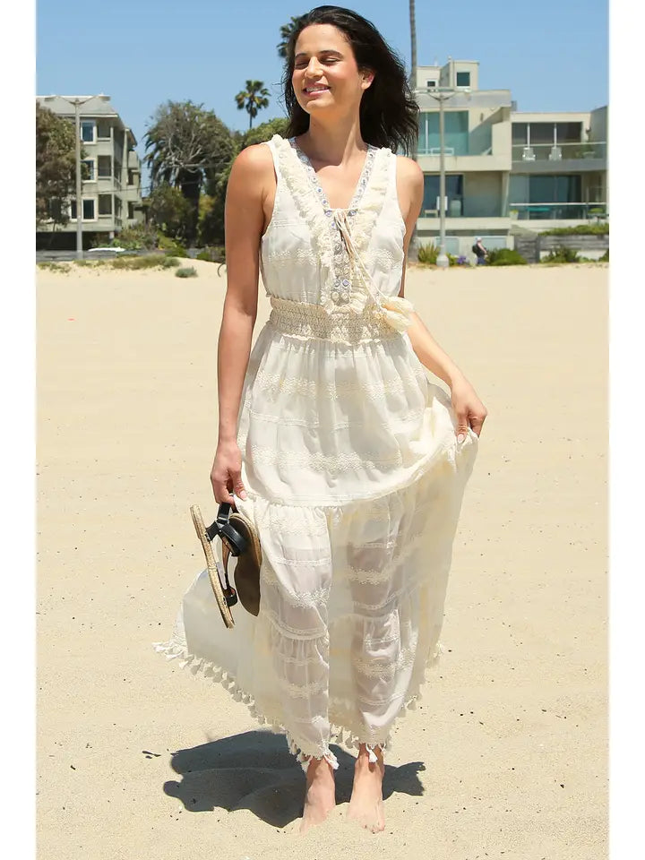 Tiered Embroidery Fringed & Tasseled Maxi Dress-Dress-Beulah Style-S-Beige-Urbanheer