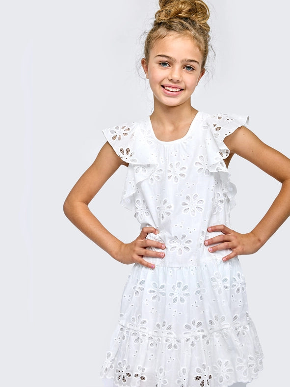 Tiered Eyelet Dress with Flutter Sleeves-Dress-Hannah Banana-12-PINK-Urbanheer