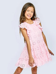 Tiered Eyelet Dress with Flutter Sleeves-Dress-Hannah Banana-12-PINK-Urbanheer