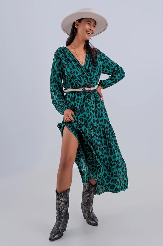 Tiered Maxi Wrap Dress With Long Sleeve In Green-Dress-Q2-S-Green-Urbanheer