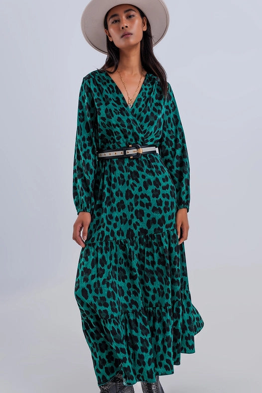Tiered Maxi Wrap Dress With Long Sleeve In Green-Dress-Q2-S-Green-Urbanheer