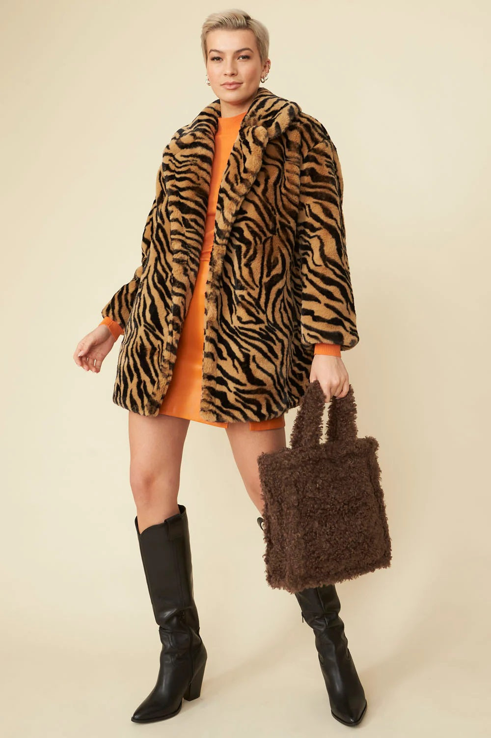 Tiger Print Mocha Faux Fur Midi Coat-Faux Fur Coats-Buy Me Fur Ltd-One Size-Mocha-Faux Fur-Urbanheer