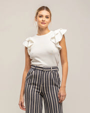 Tight Knit Top with Ruffles On the Sleeves-Top-Tantra-S-WHITE-Urbanheer