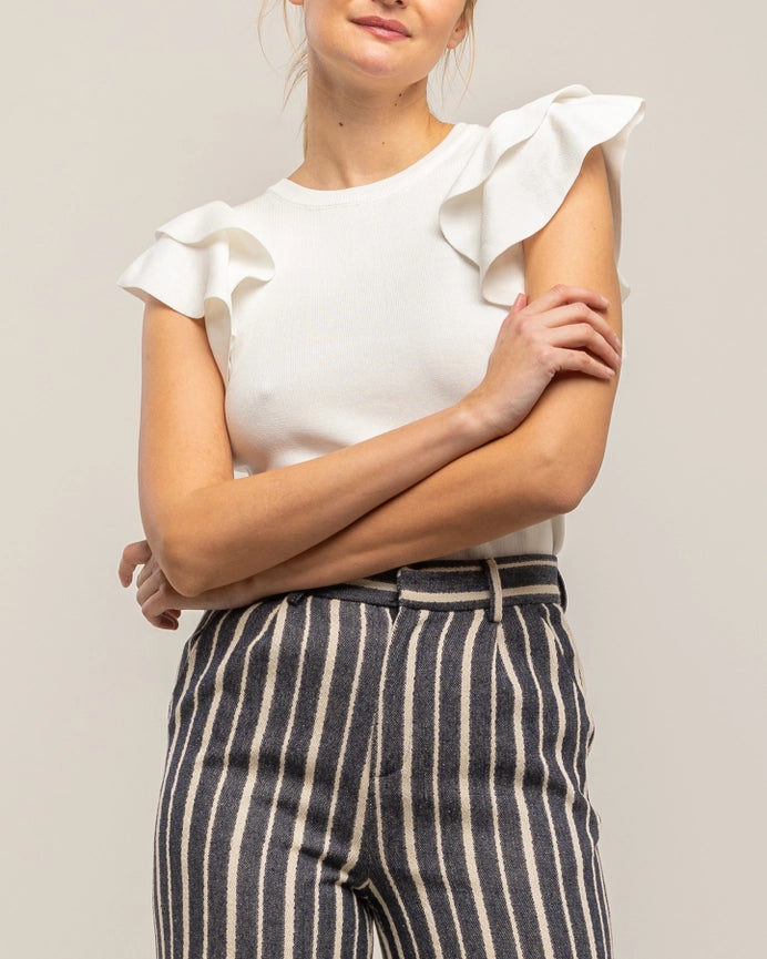 Tight Knit Top with Ruffles On the Sleeves-Top-Tantra-S-WHITE-Urbanheer
