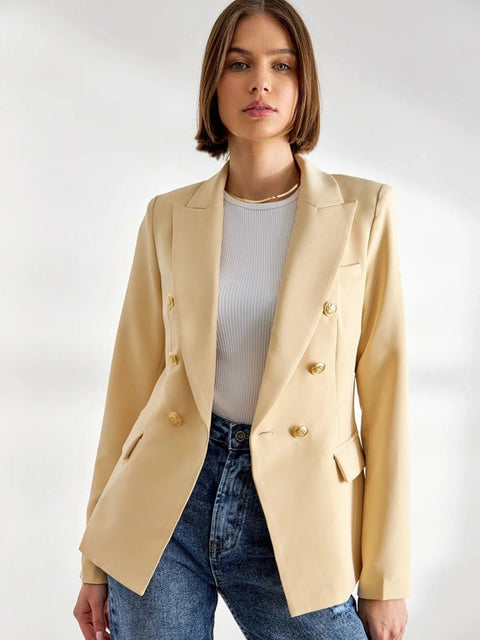 Timeless Fitted Double-Breasted Suit Jacket with Gold Buttons Beige-Jacket-Attentif Paris-S-Beige-Urbanheer