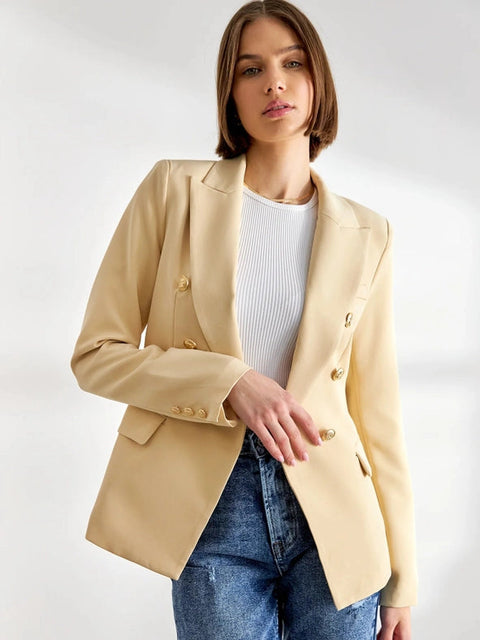 Timeless Fitted Double-Breasted Suit Jacket with Gold Buttons Beige-Jacket-Attentif Paris-S-Beige-Urbanheer