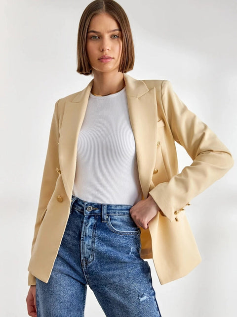 Timeless Fitted Double-Breasted Suit Jacket with Gold Buttons Beige-Jacket-Attentif Paris-S-Beige-Urbanheer