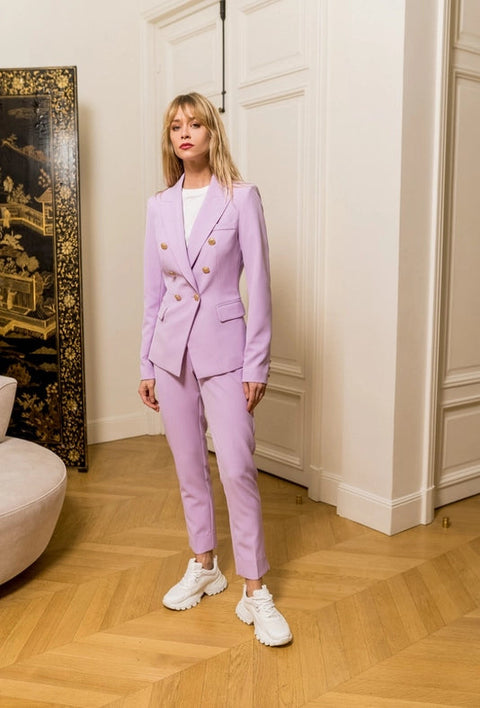 Timeless Fitted Double-Breasted Suit Jacket with Gold Buttons Lilac-Jacket-Attentif Paris-S-Lilac-Urbanheer