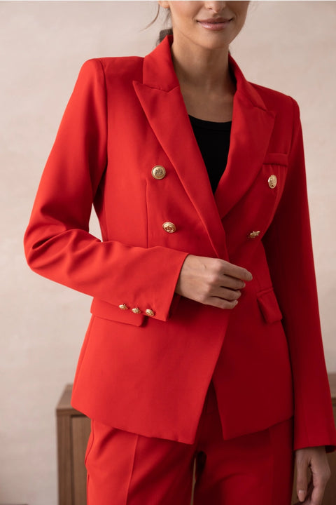 Timeless Fitted Double-Breasted Suit Jacket with Gold Buttons Red