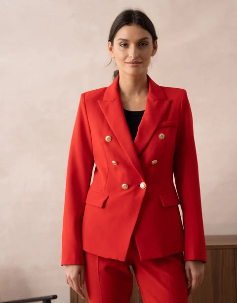 Timeless Fitted Double-Breasted Suit Jacket with Gold Buttons Red