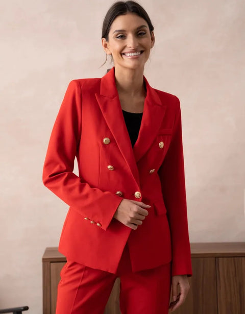 Timeless Fitted Double-Breasted Suit Jacket with Gold Buttons Red