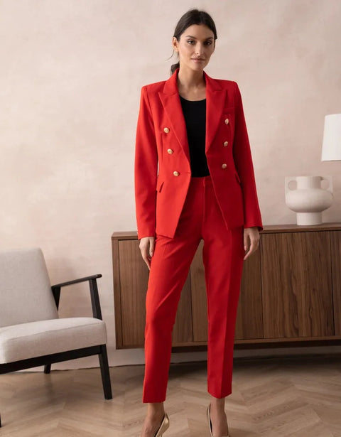 Timeless Fitted Double-Breasted Suit Jacket with Gold Buttons Red
