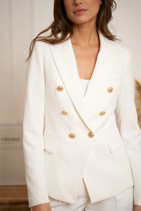 Timeless Fitted Double-Breasted Suit Jacket with Gold Buttons White-Jacket-Attentif Paris-S-White-Urbanheer