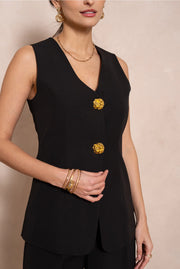 [Timeless] Long Sleeveless Vest with Textured Gold Buttons